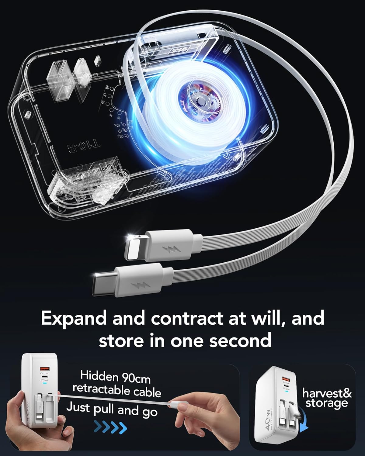 Cargador USB C retráctil de pared con cables tipo C de 35.5 pulgada...