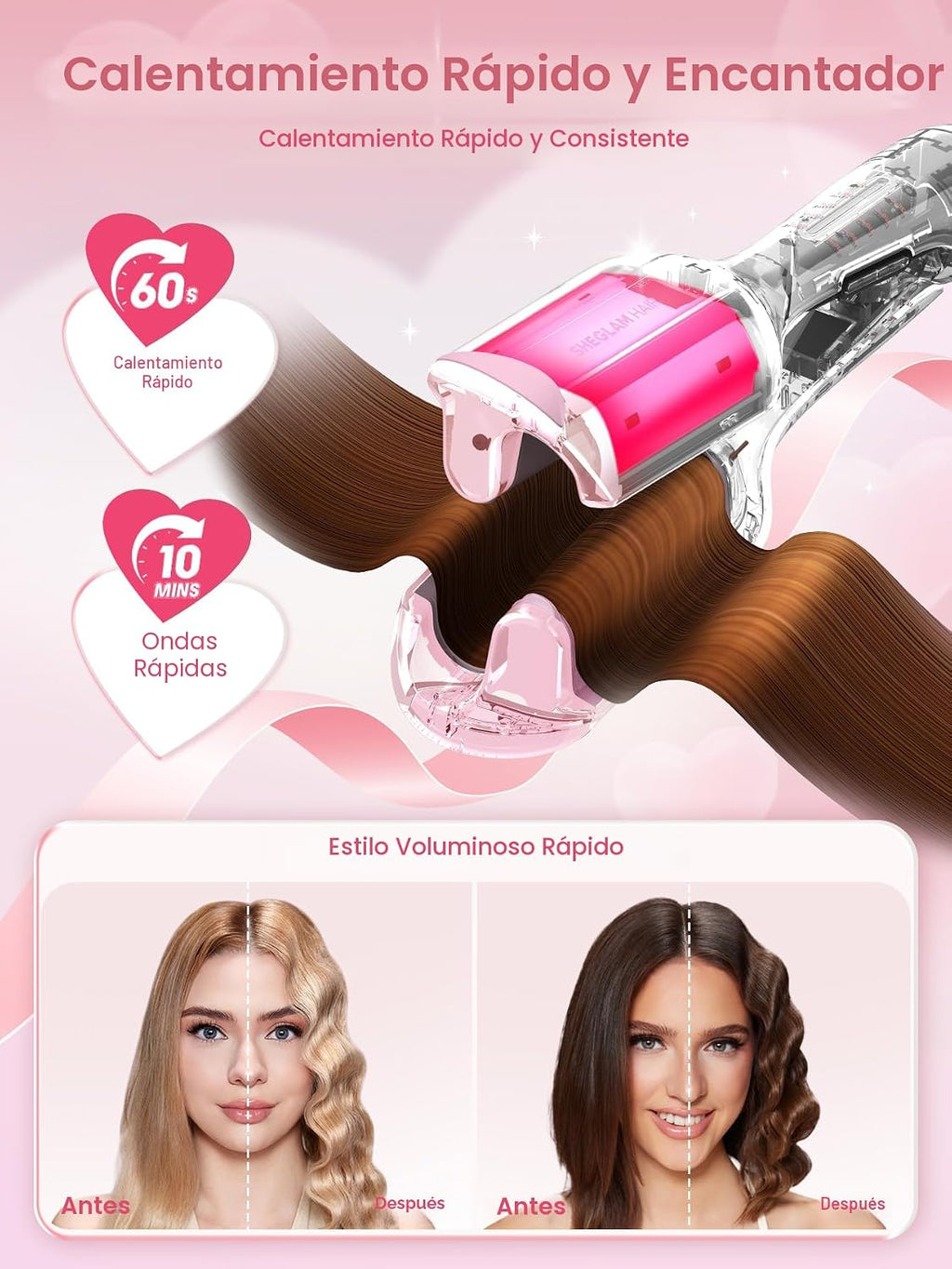 SHEGLAM Ondulador de pelo rosa de 1 pulgada para mujer, herramienta...