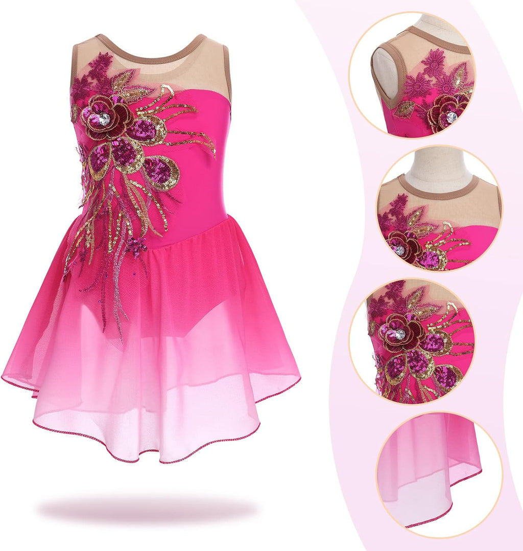 Vestido de patinaje artístico para niñas - Leotardo de malla con fl...