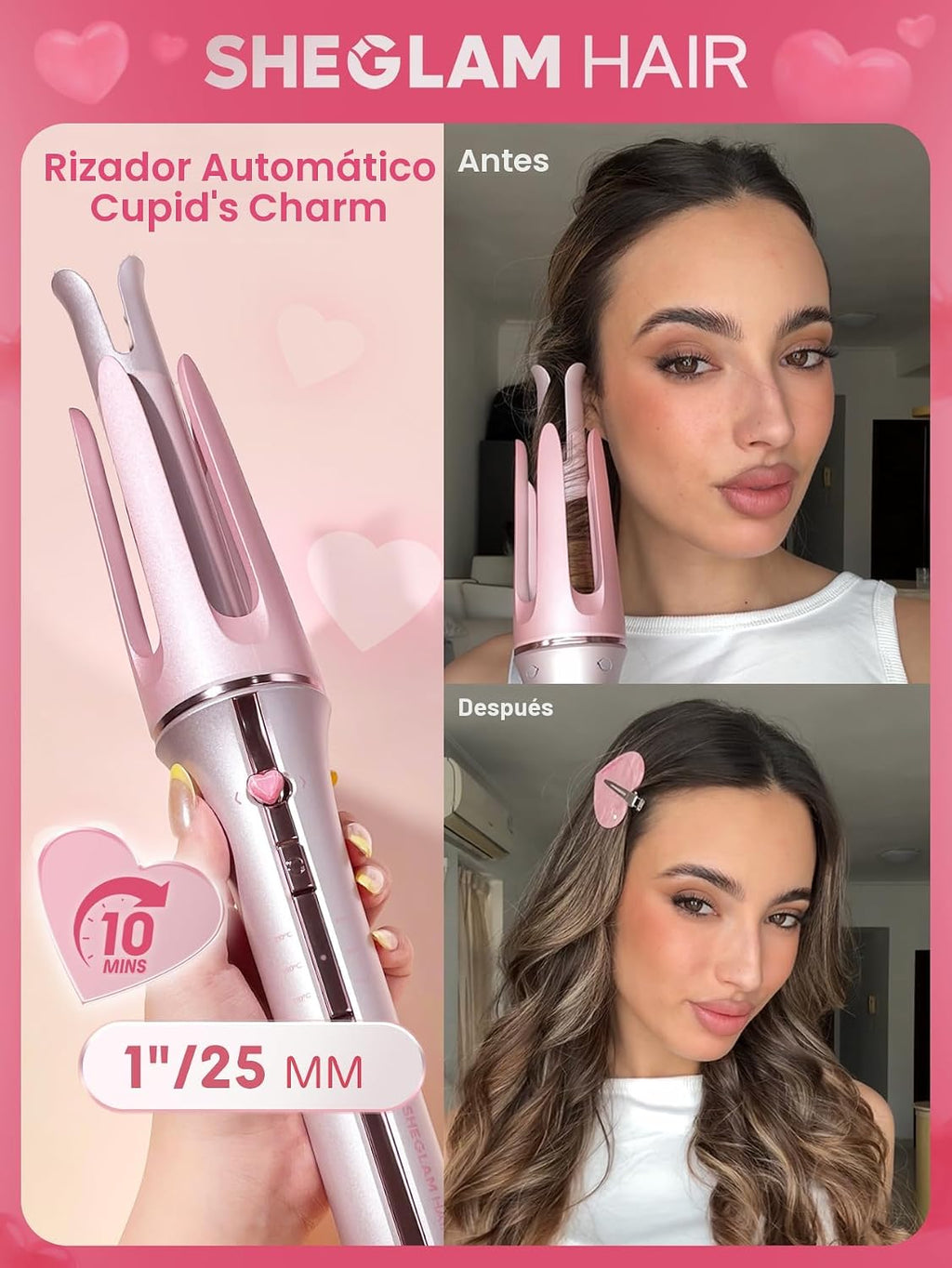 SHEGLAM Rizador rosa regalo automático para mujer (rosa, 1 pulgada)