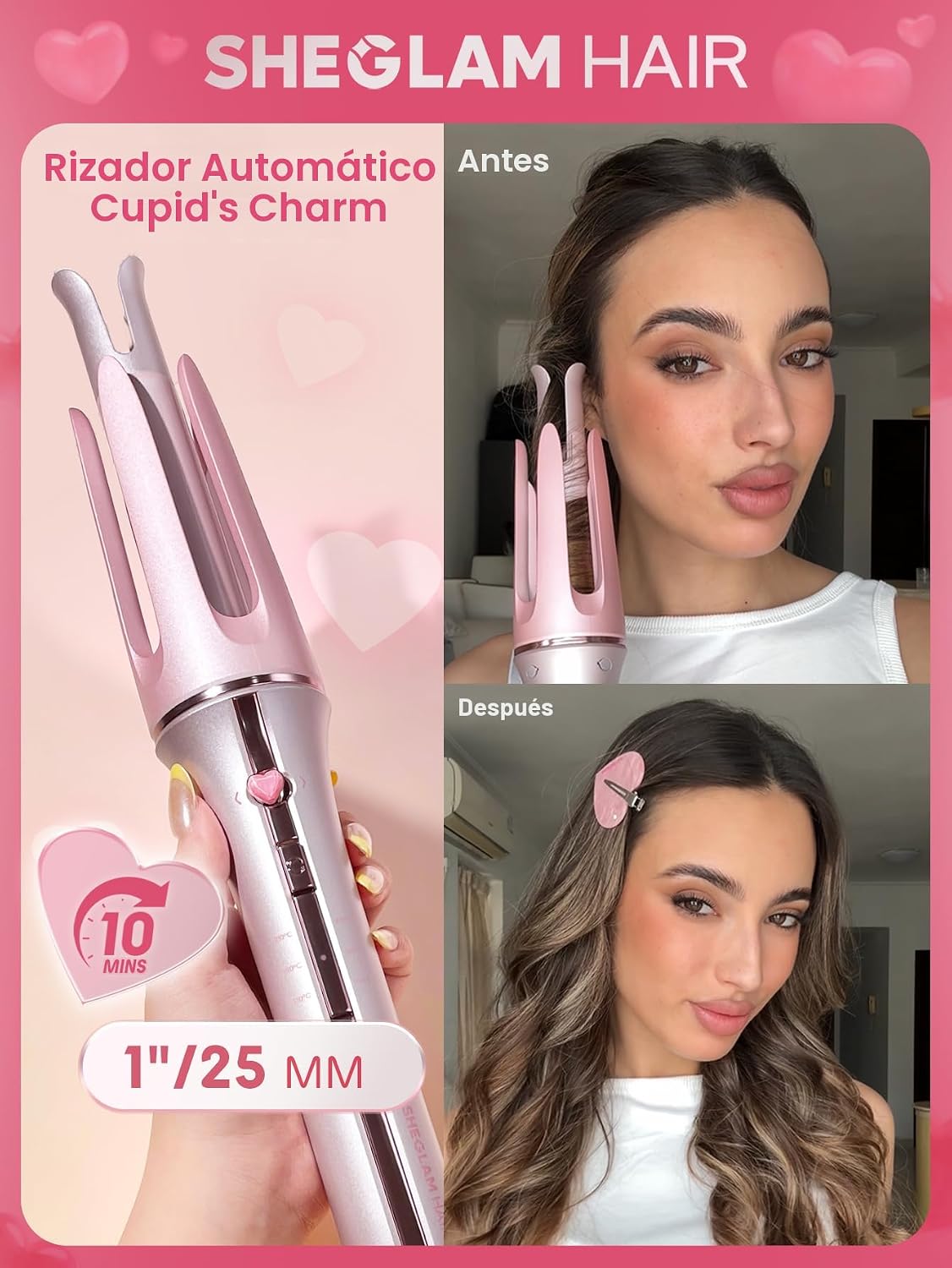 SHEGLAM Rizador rosa regalo automático para mujer (rosa, 1 pulgada)