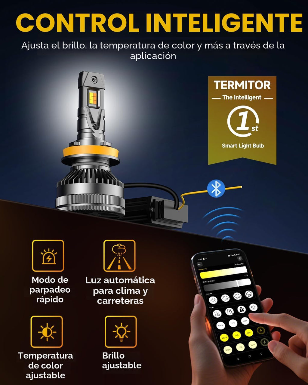 Termitor Bombilla inteligente H11\/H9\/H8, brillo variable de hasta...