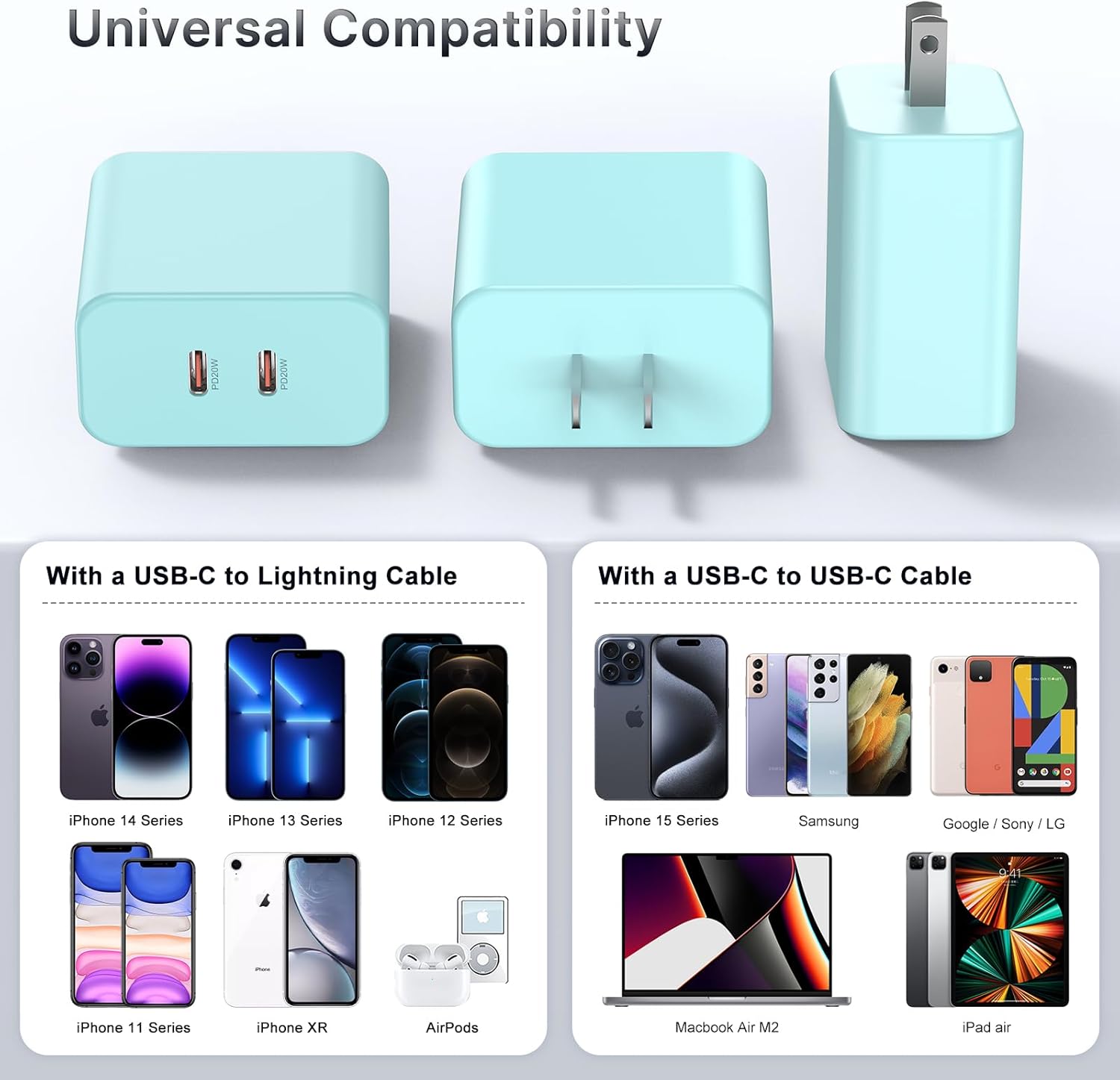 Susnwere Bloque de cargador USB C dual de 40 W, adaptador de corrie...