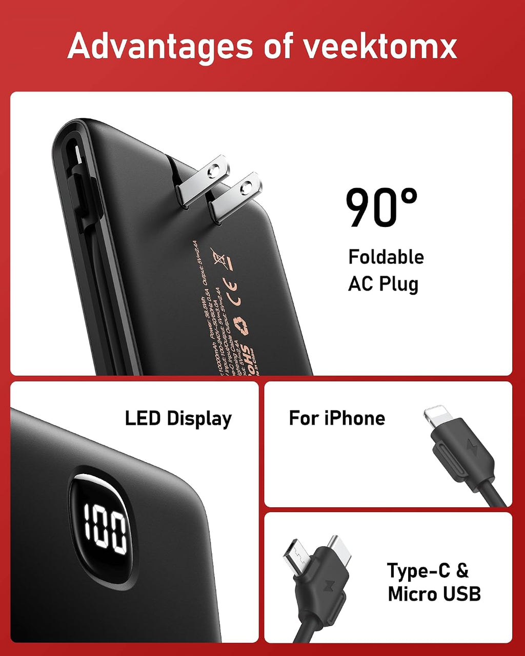 VEEKTOMX - Cargador portátil con cables incorporados de 10000 mAh,...