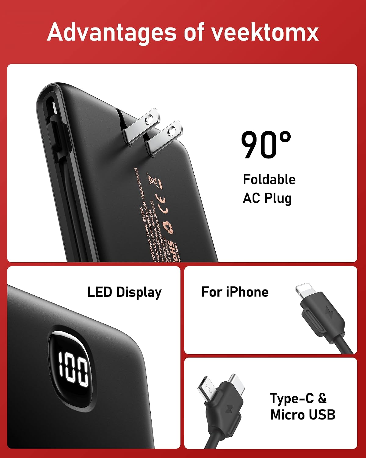 VEEKTOMX - Cargador portátil con cables incorporados de 10000 mAh,...