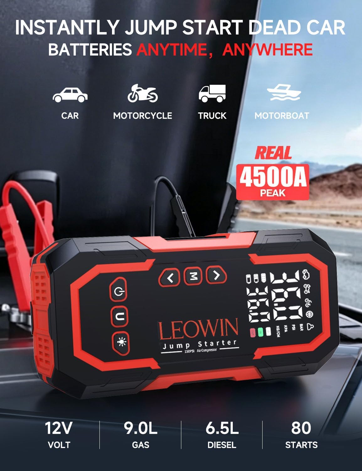 Arrancador con compresor de aire 4500A, batería de arranque portáti...