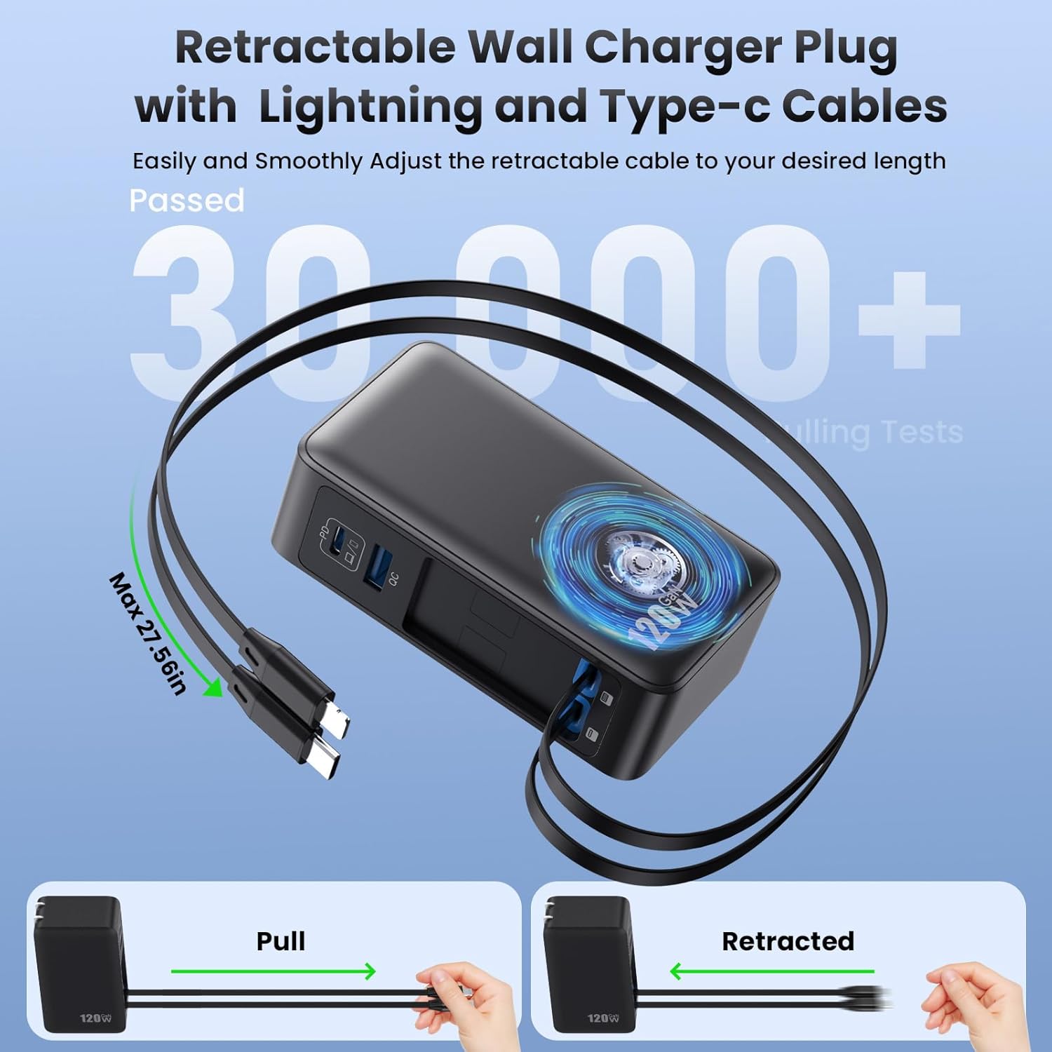 Bloque de cargador USB C de 120W con 2 cables retráctiles integrado...