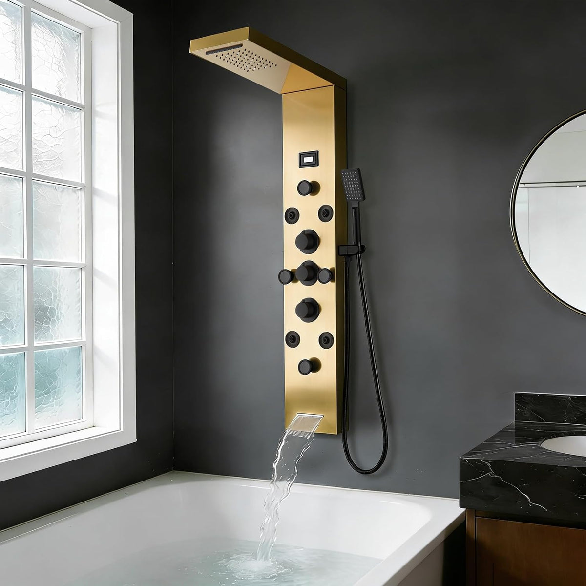 POPFLY Sistema de torre de panel de ducha de cascada LED, 4 chorros...