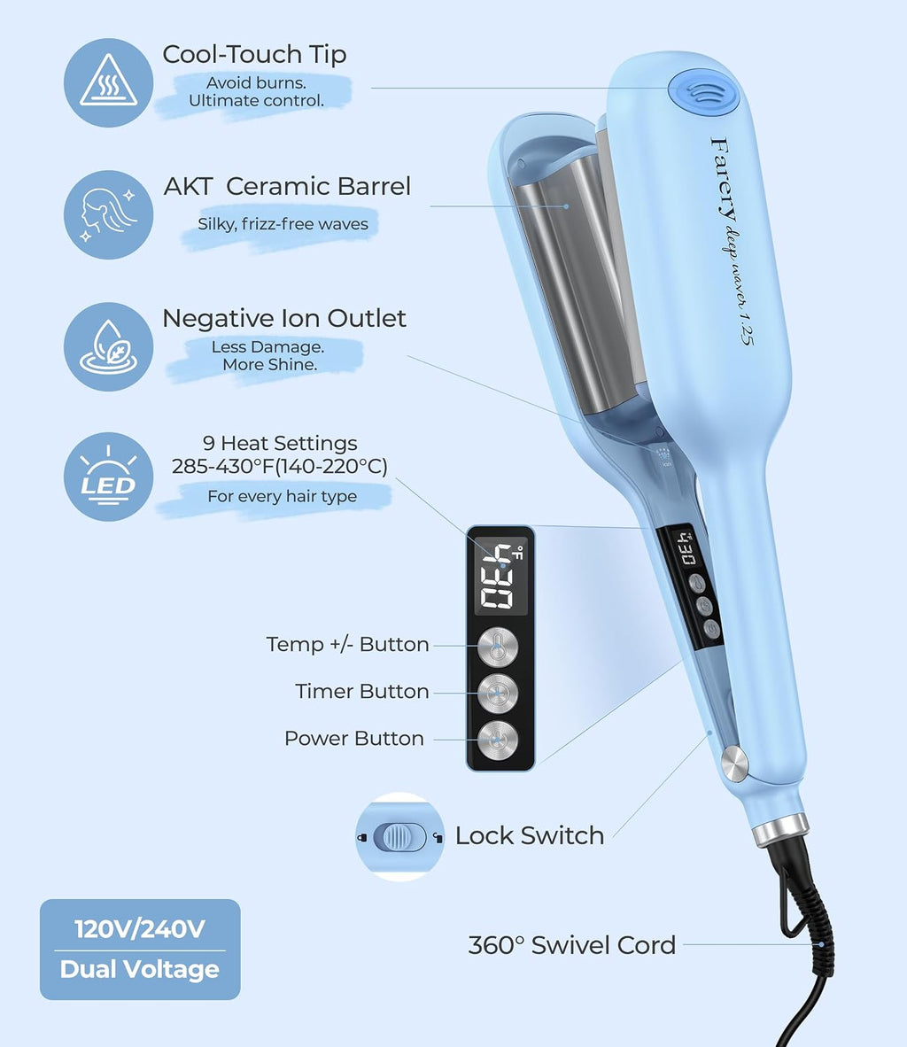 Farery Hair Waver rizador de onda profunda para mujer - 1,25 pulgad...