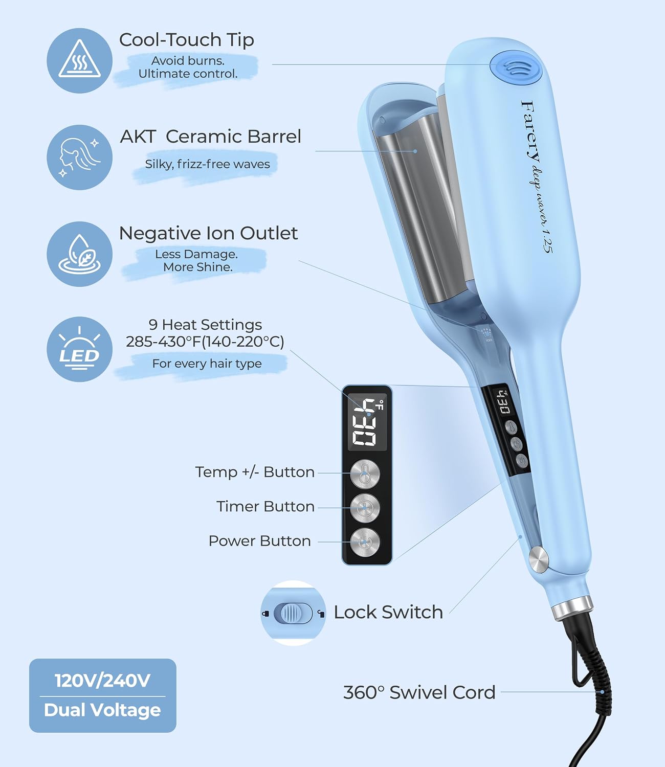 Farery Hair Waver rizador de onda profunda para mujer - 1,25 pulgad...