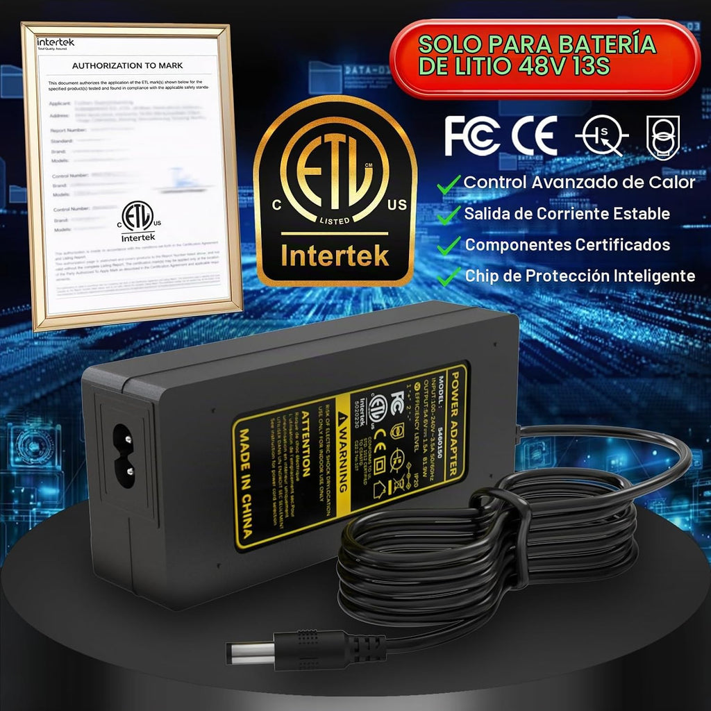 Cargador eléctrico para bicicleta y scooter de 54.6 V 2 A, certific...