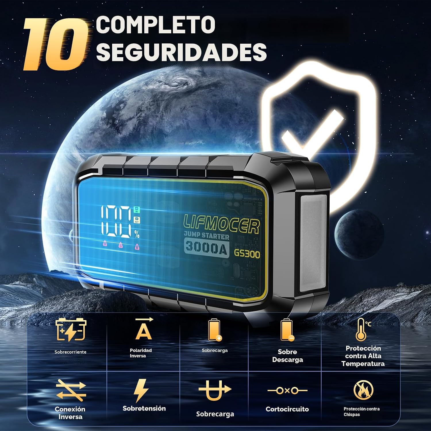 GS300 Arrancador de coche, batería portátil de 3000 A para motores...