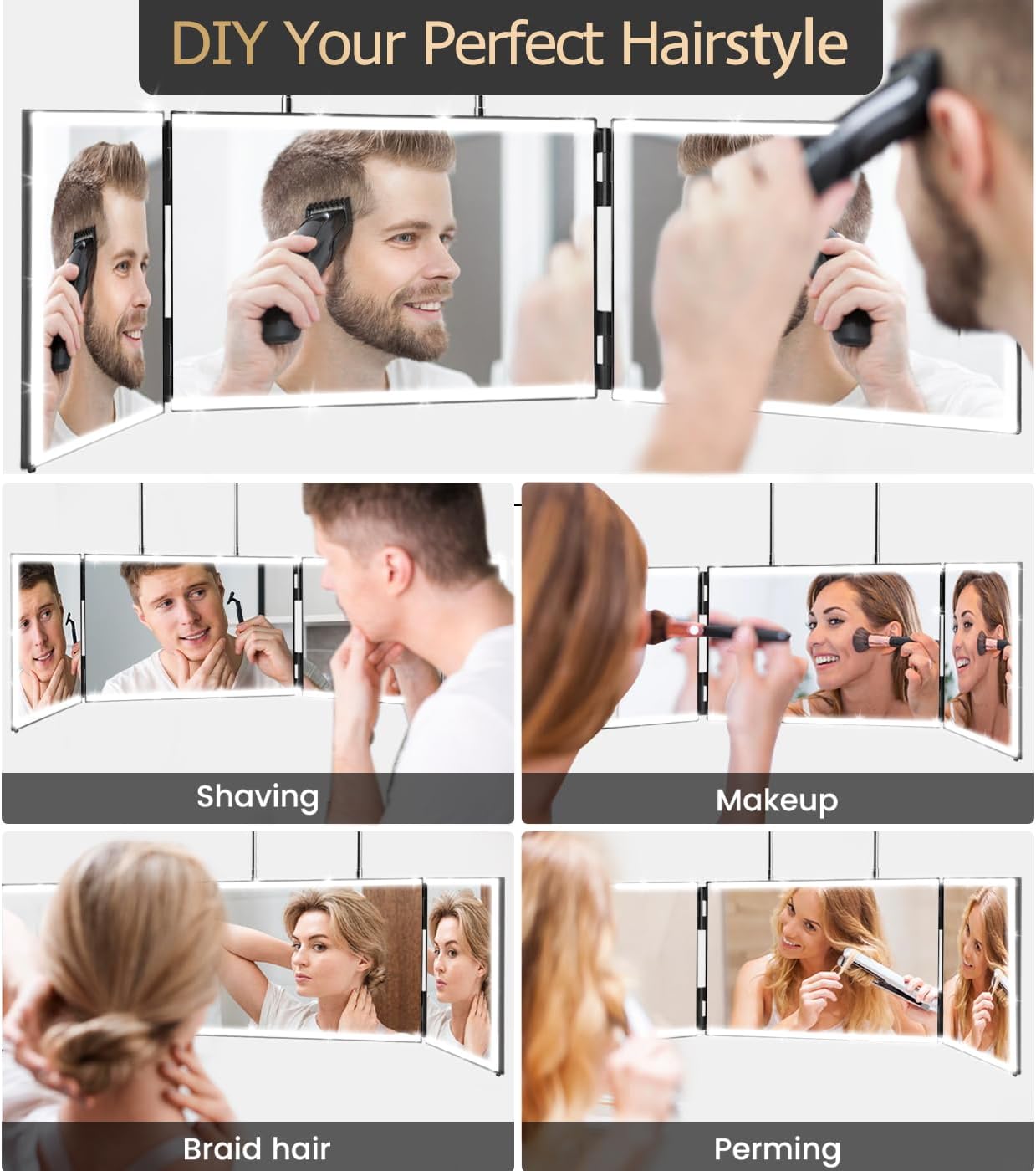 XIGETRAIL Espejo recargable de 3 vías para corte de pelo automático...
