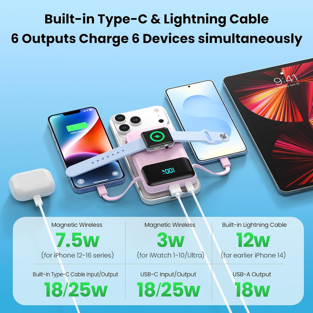 Cargador portátil magnético para iPhone con cable incorporado, banc...
