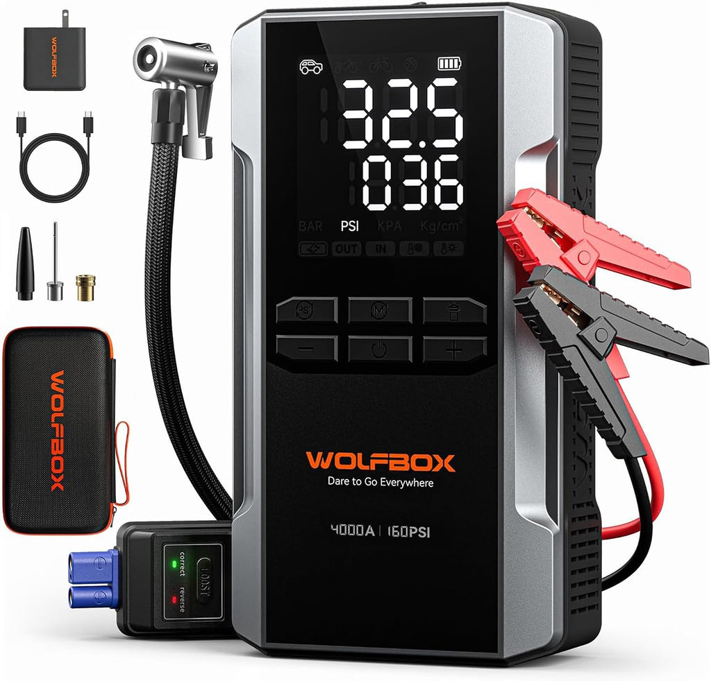 WOLFBOX Arrancador de 4000 A con compresor de aire, batería de coch...