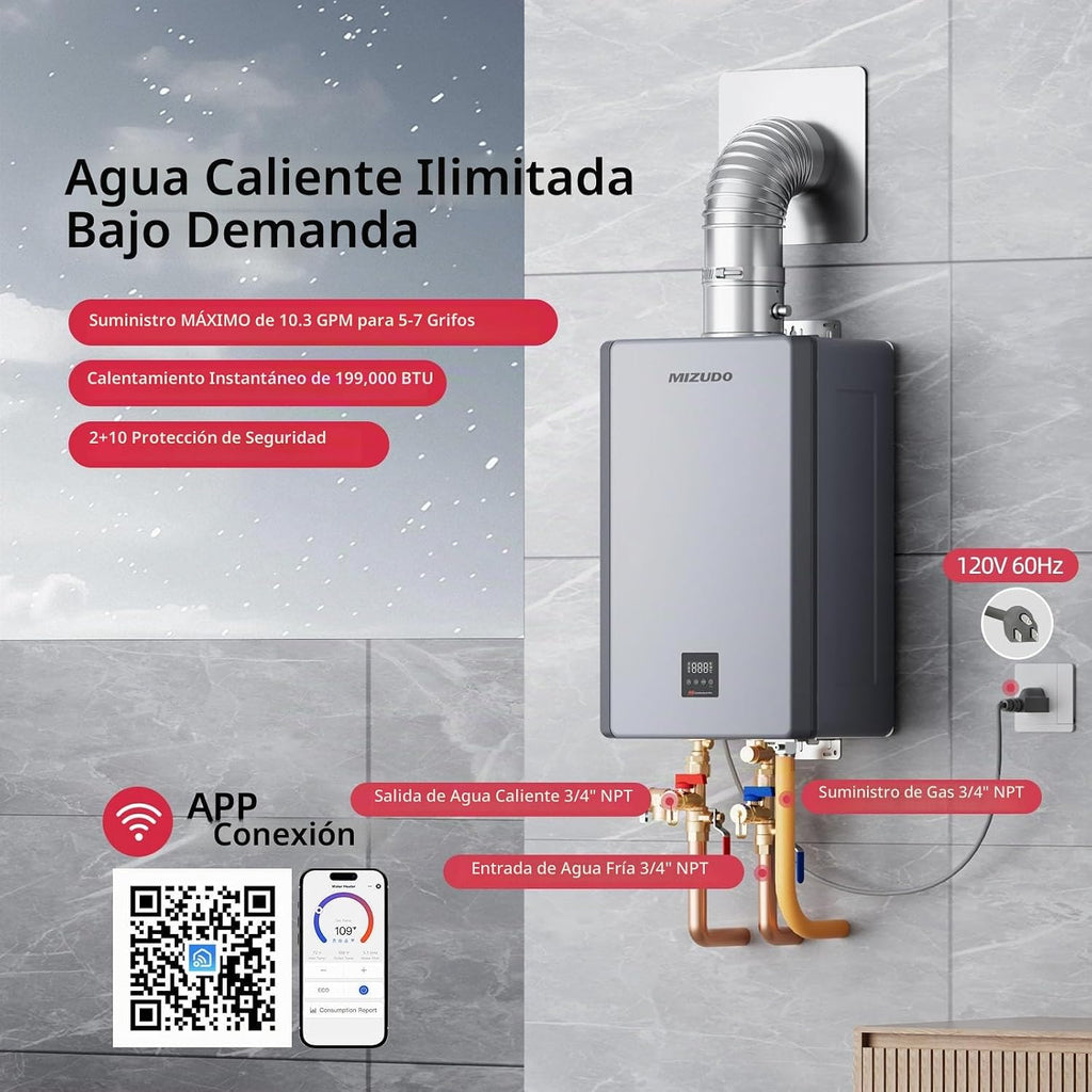 MIZUDO Calentador de agua sin tanque de gas propano, 199,000 BTU, i...