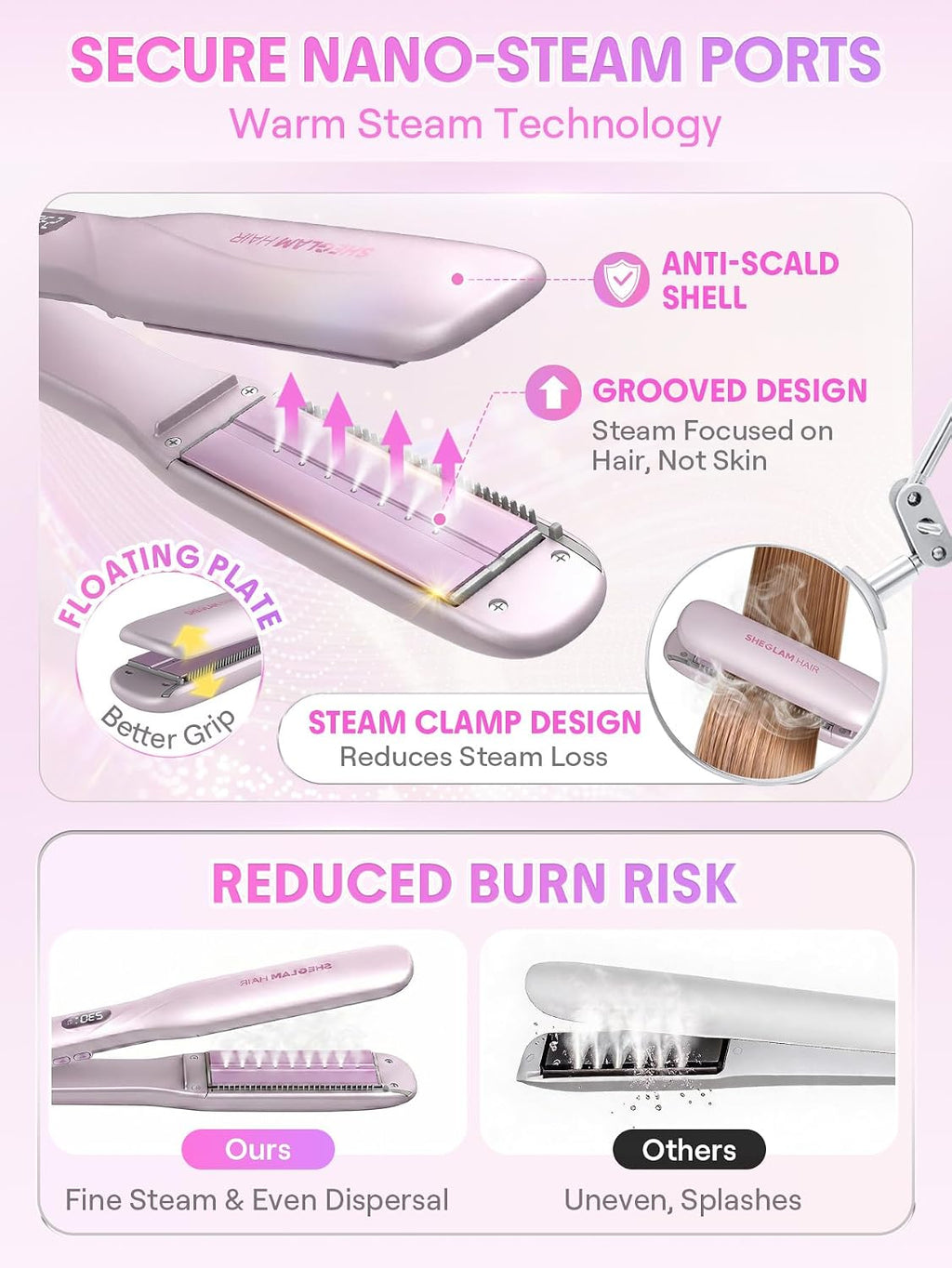 SHEGLAM Plancha de vapor alisadora de pelo de cerámica de 1,5" con...