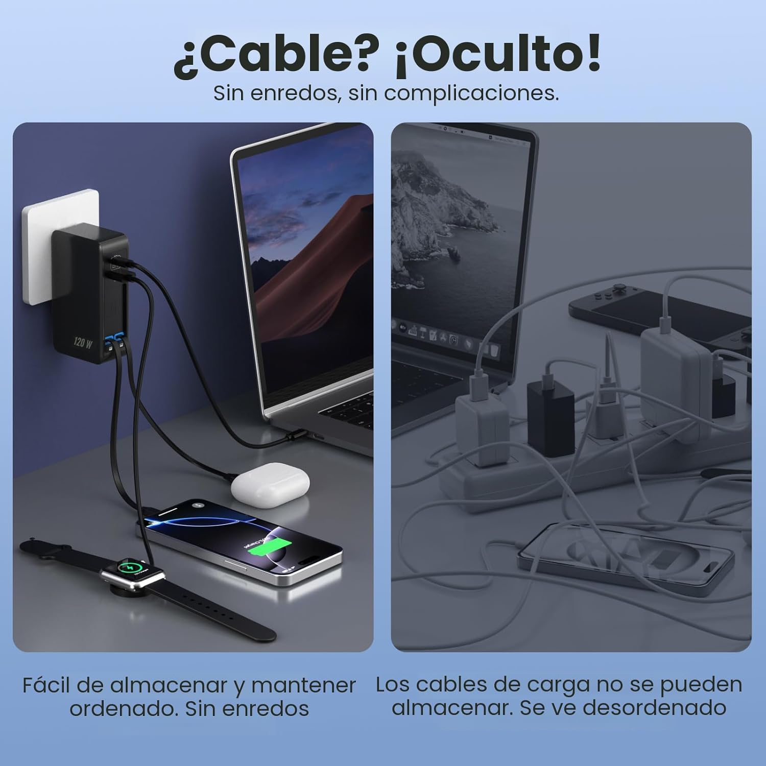 Bloque de cargador USB C de 120W con 2 cables retráctiles integrado...