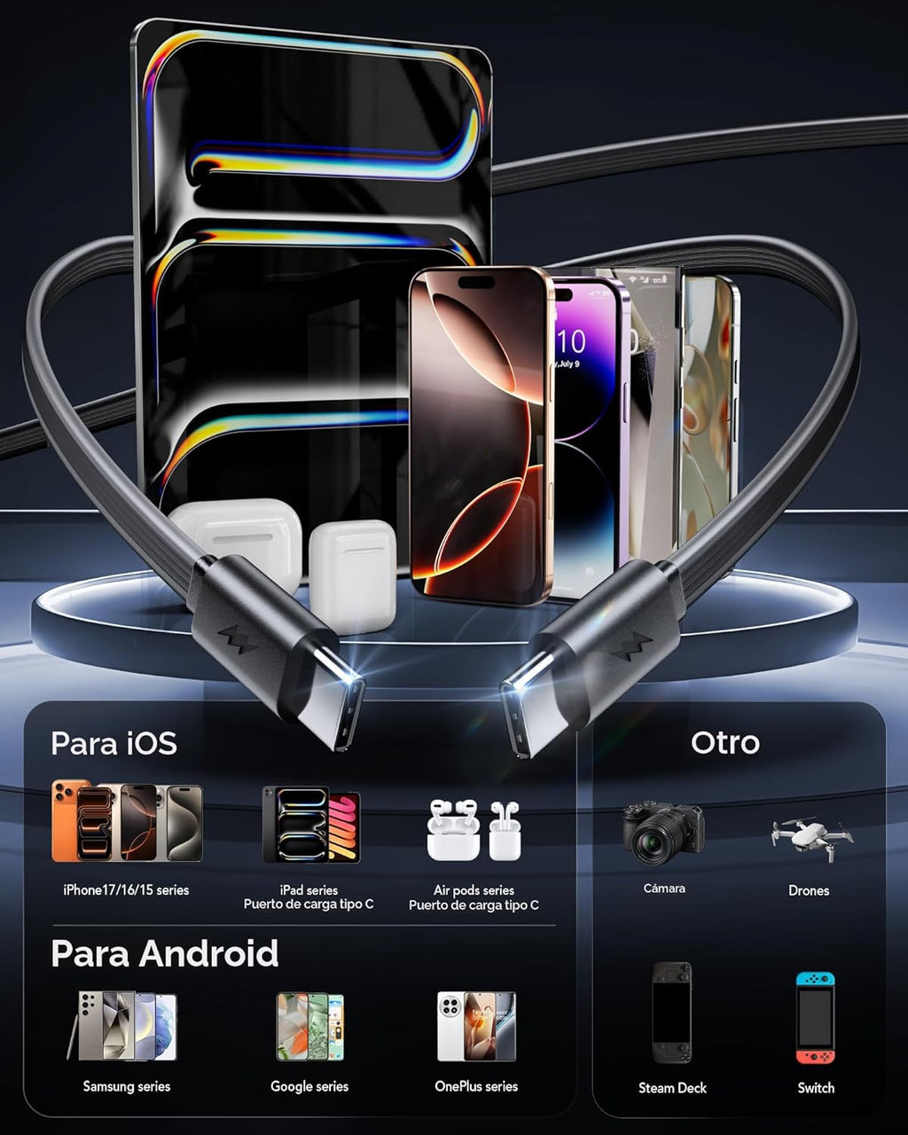Cargador de pared USB C retráctil con enchufe de pared, cables tipo...