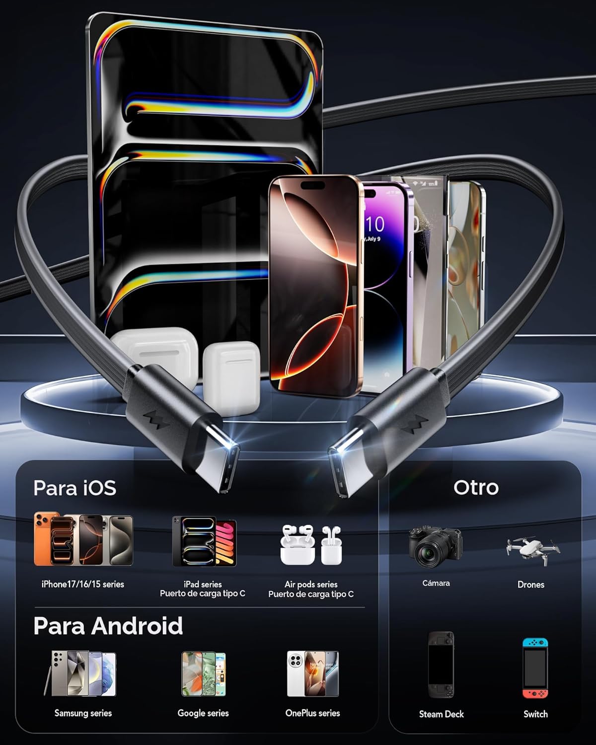 Cargador de pared USB C retráctil con enchufe de pared, cables tipo...