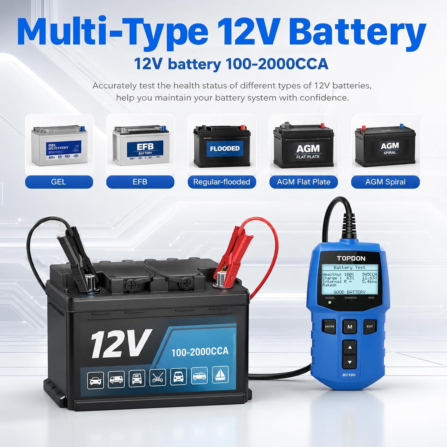 TOPDON BC100 - Probador de batería de automóvil de 12 V, analizador...