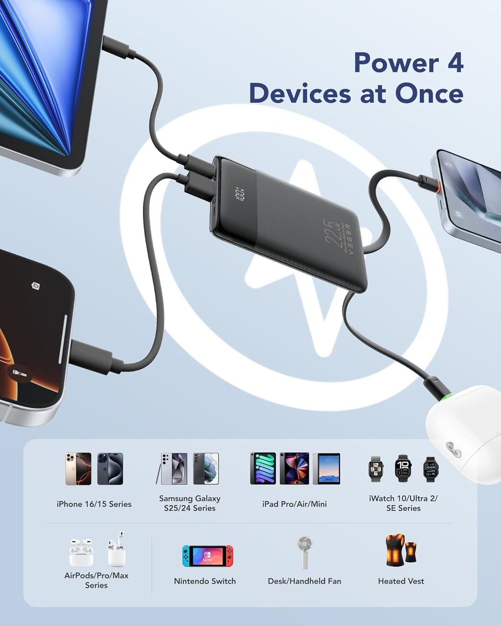 VEGER Cargador portátil con cables incorporados, batería externa de...