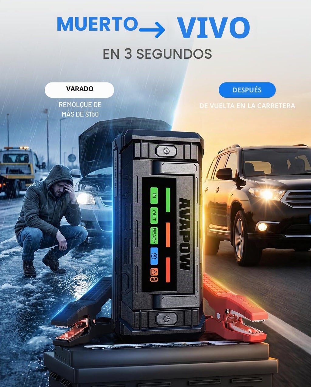 AVAPOW TJ68 Arrancador de Batería Portátil 10000A con Pantalla HD d...