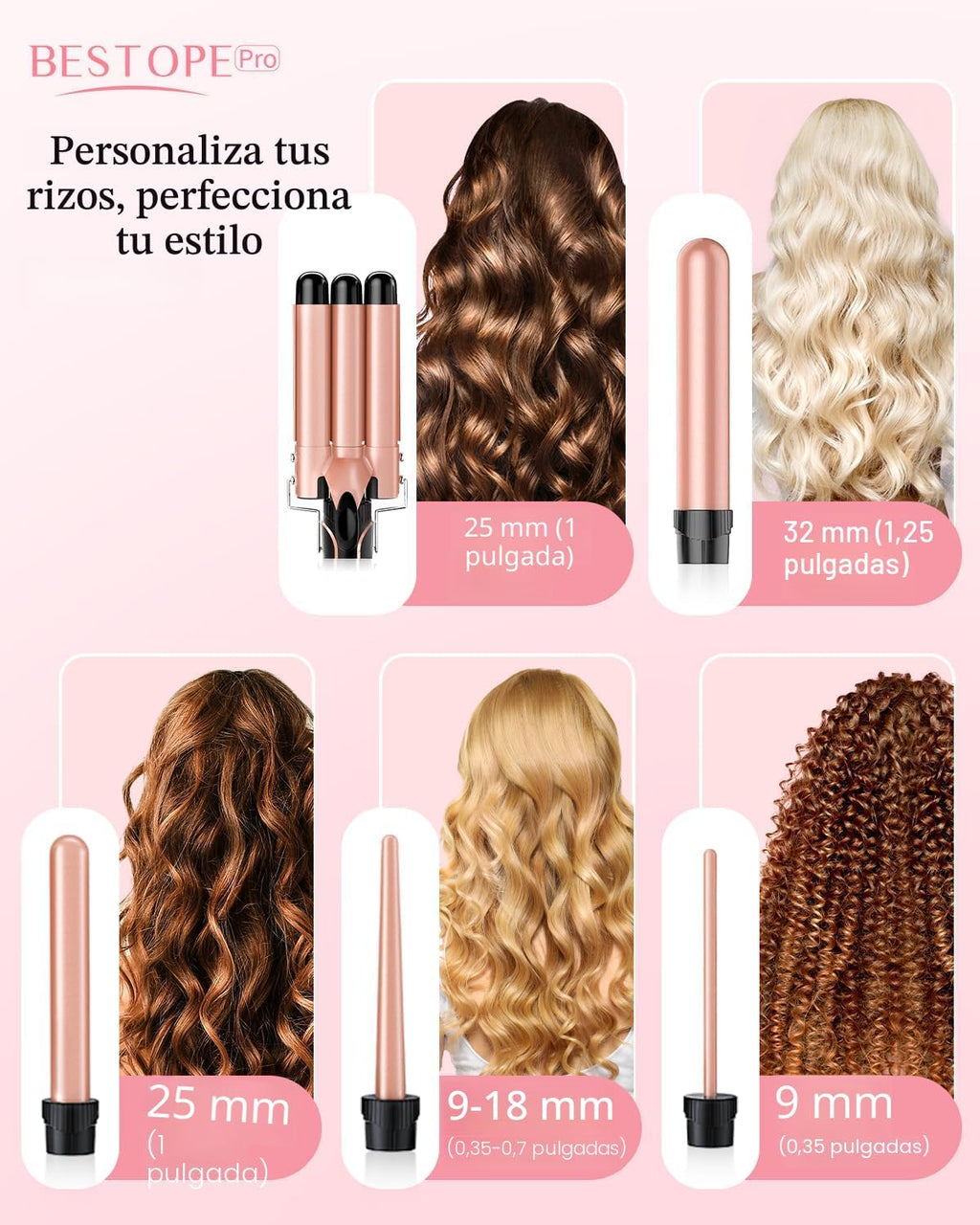 Waver - Varita rizadora BESTOPE PRO 5 en 1 con rizador de pelo de 3...