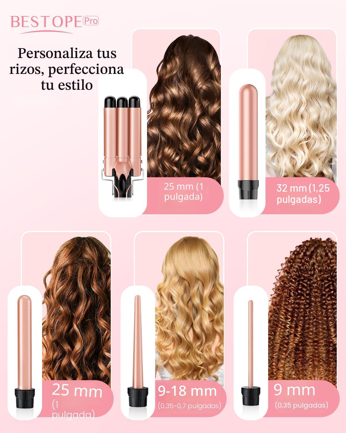 Waver - Varita rizadora BESTOPE PRO 5 en 1 con rizador de pelo de 3...