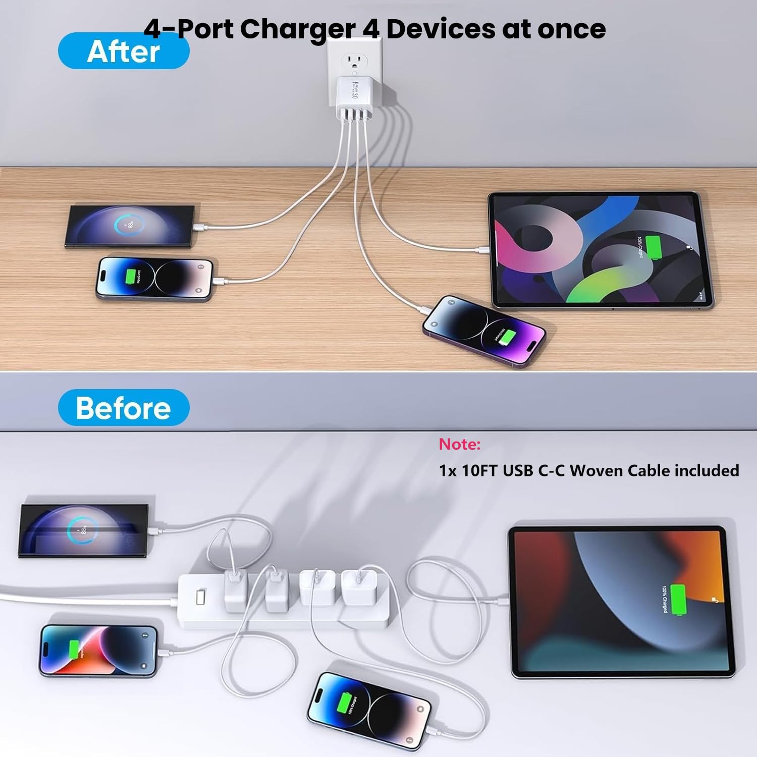Cable de carga rápida USB C-C de 10 pies, Apple 40 W, 4 puertos, US...