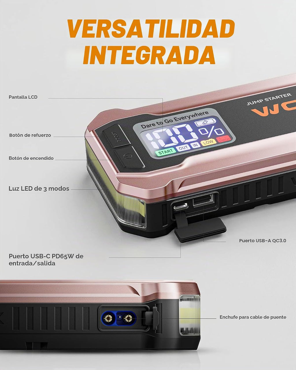 WOLFBOX Arrancador de 4000 A, batería de coche rosa de 12 V portáti...