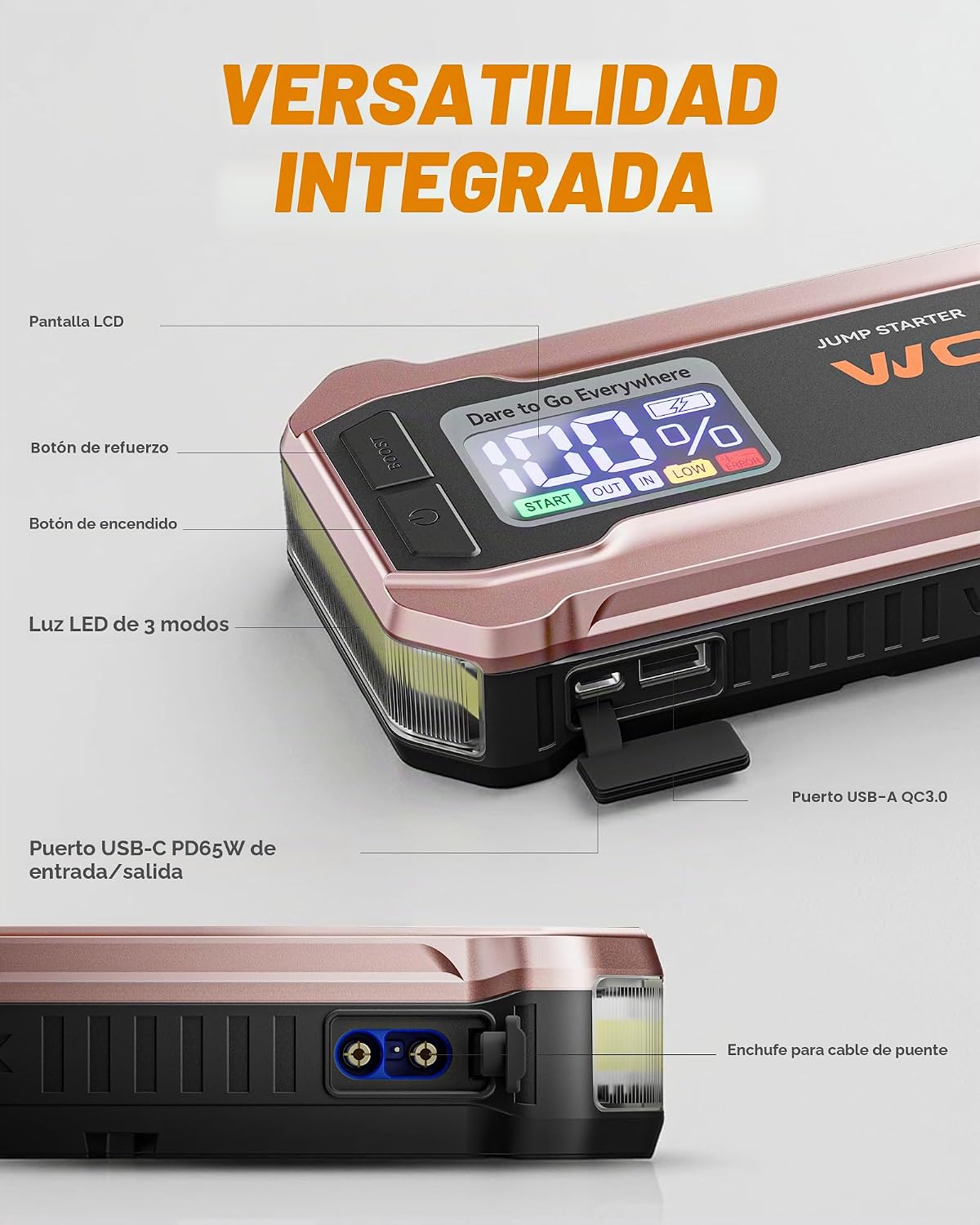 WOLFBOX Arrancador de 4000 A, batería de coche rosa de 12 V portáti...