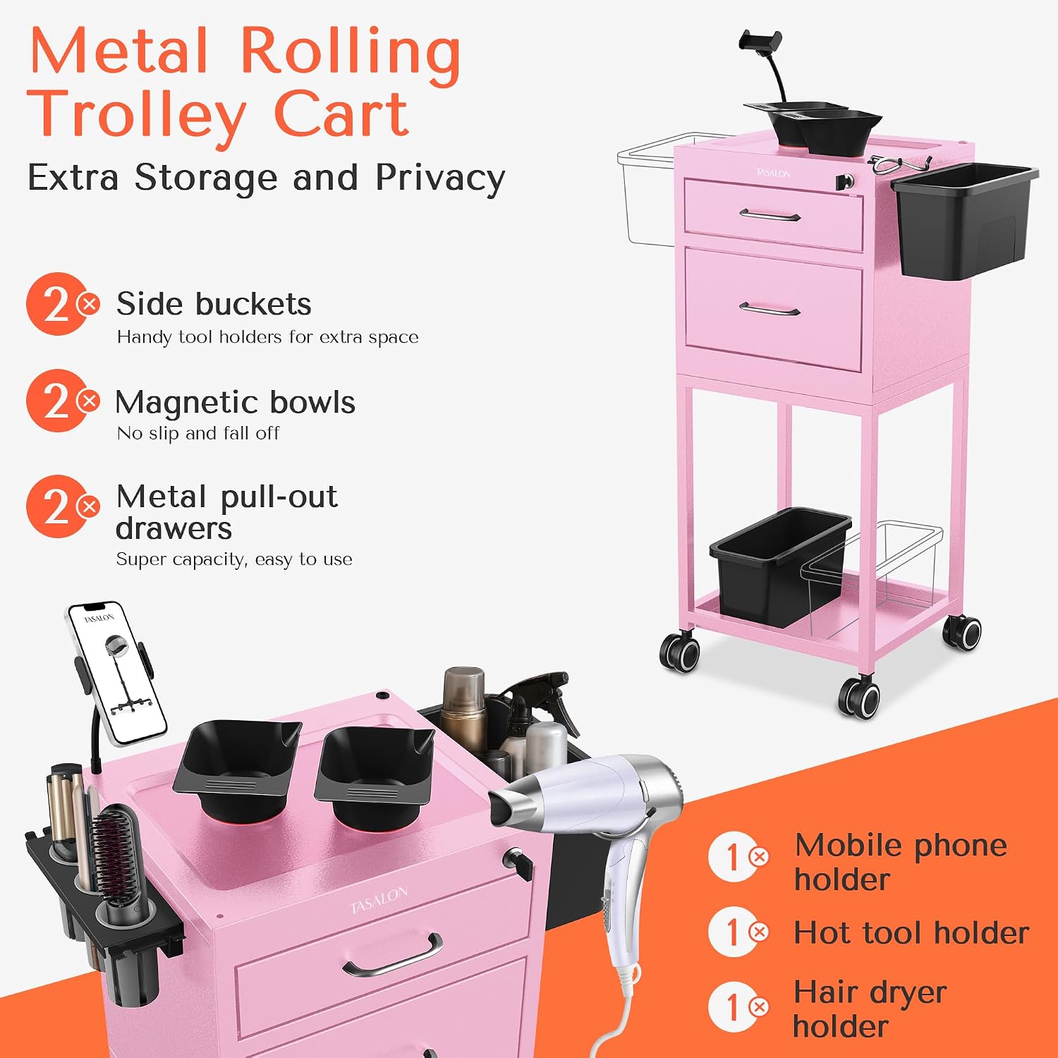 TASALON Carrito de salón con 2 cuencos magnéticos, carrito de metal...