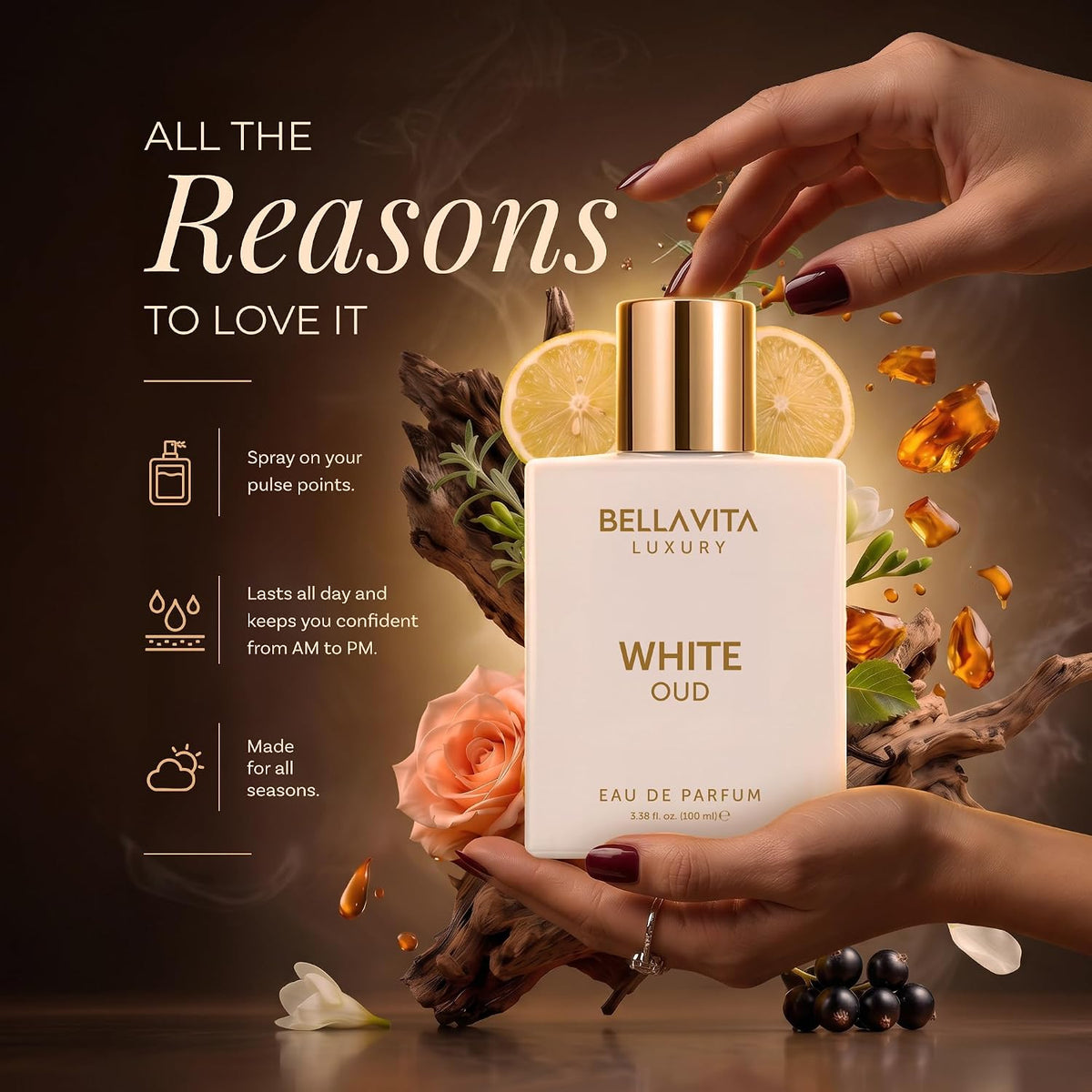 Bellavita Luxury White Oud Eau de Parfum Unisex, 3.4 fl oz (100 ml)...