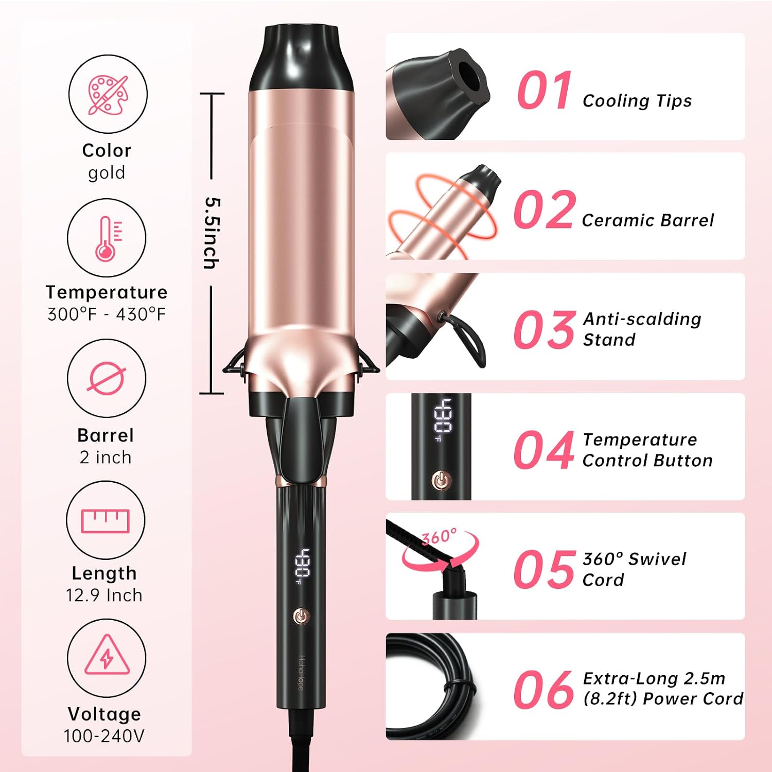 Hahahope Rizador de barril grande de 2 pulgadas para cabello largo...