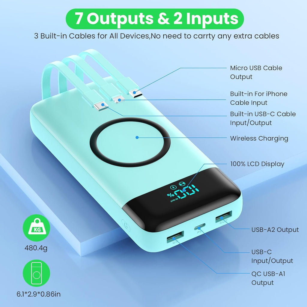 Cargador Portátil Inalámbrico de 40800mAh para iPhone con 3 Cables...
