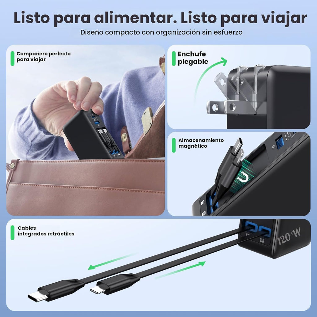 Bloque de cargador USB C de 120W con 2 cables retráctiles integrado...