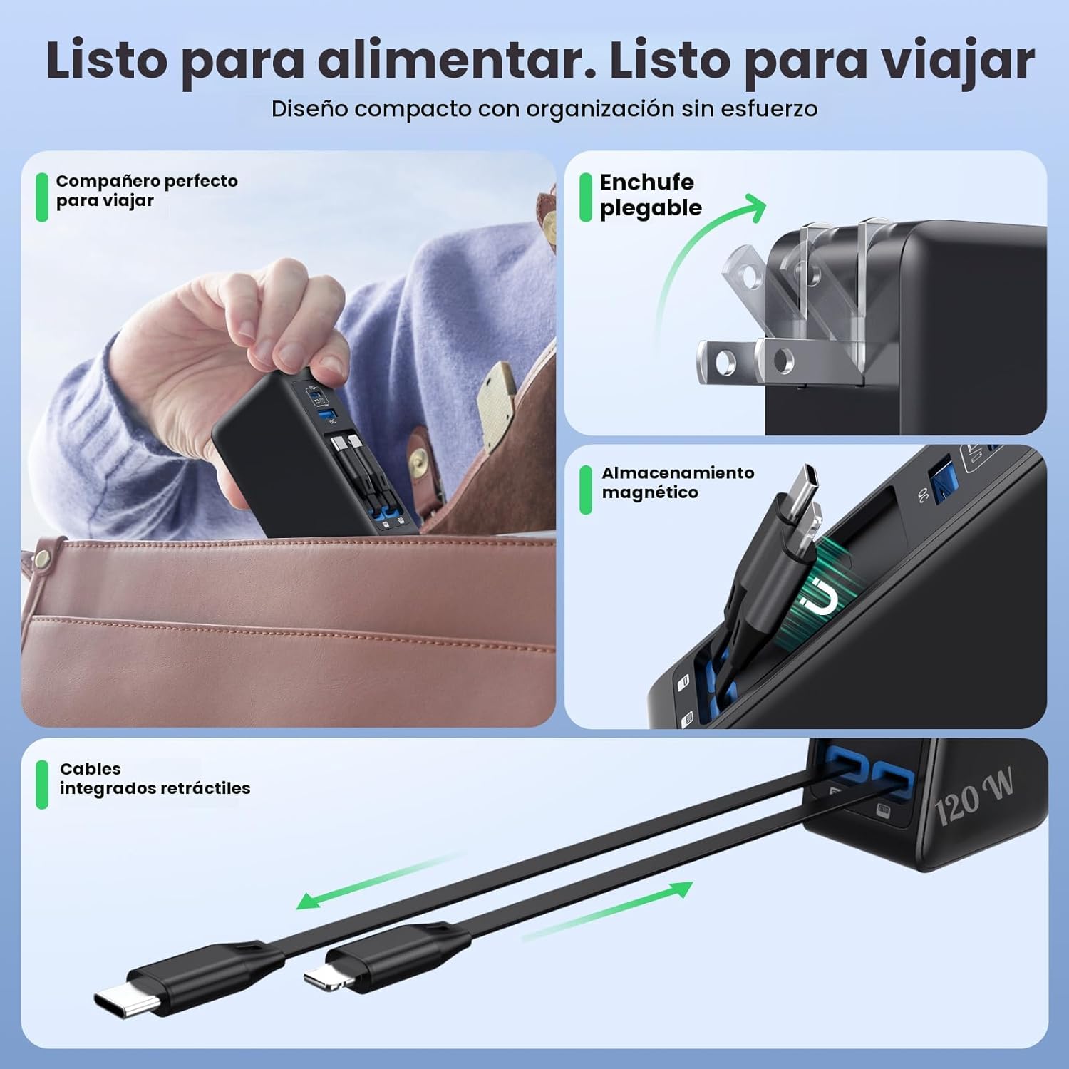 Bloque de cargador USB C de 120W con 2 cables retráctiles integrado...
