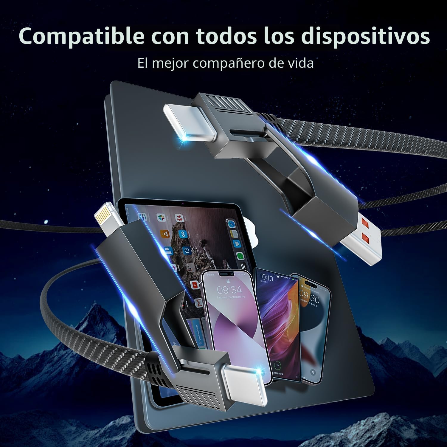 Cable de Carga 4 en 1 de Carga Rápida de 65W, Cable USB C 4 en 1 Ca...