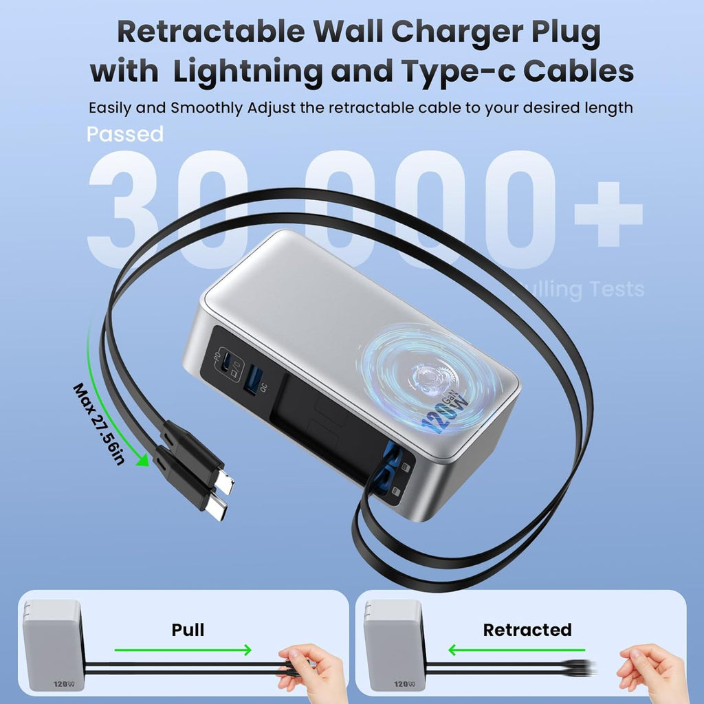 Bloque de cargador USB C de 120 W con 2 cables retráctiles integrad...