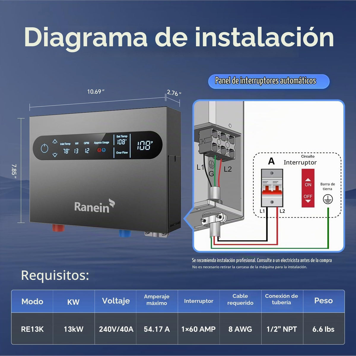 Calentador de agua eléctrico sin tanque Ranein de 13 kW, máx. 3,1 G...