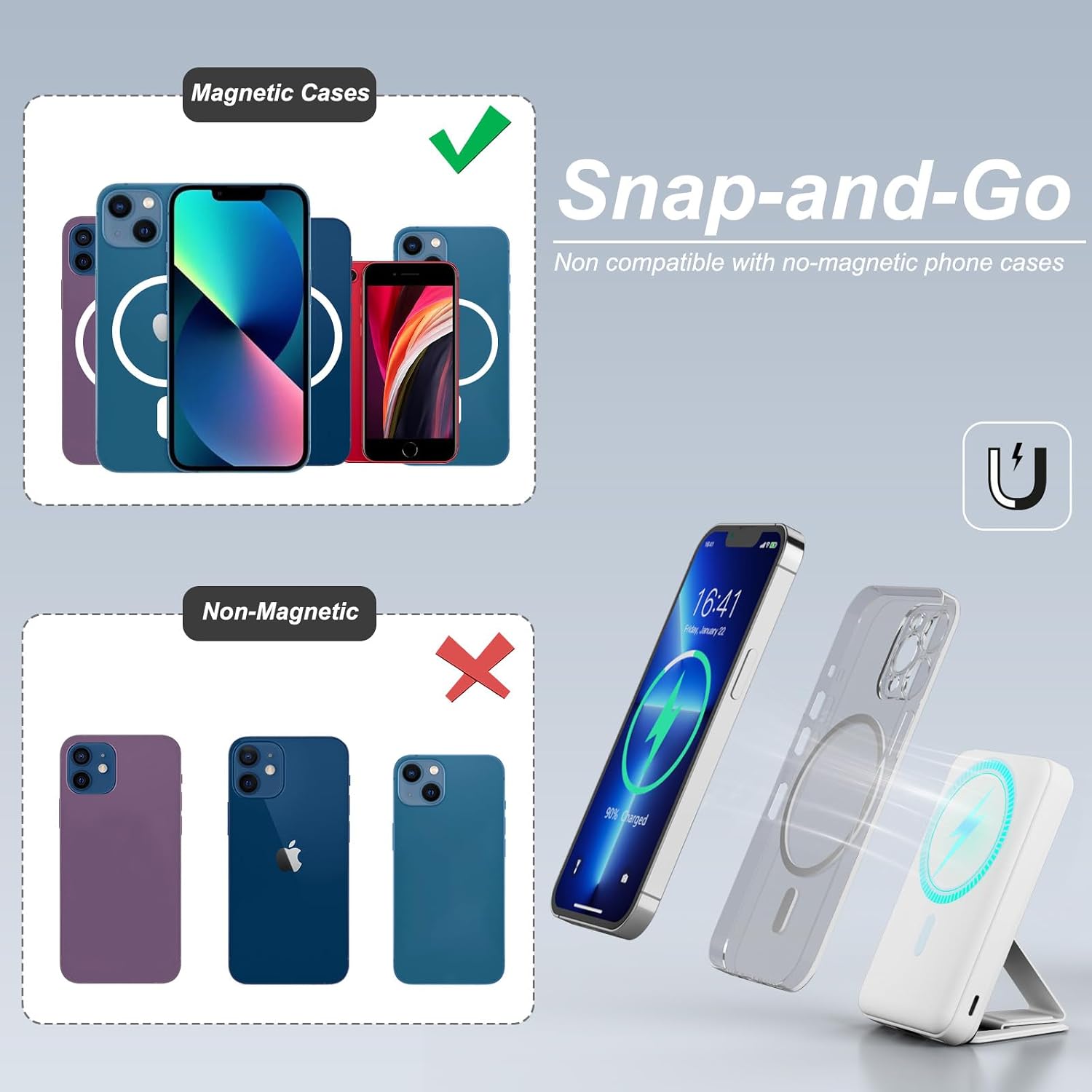 AOGUERBE para Magsafe Banco de Energía, Batería Magnética Plegable...
