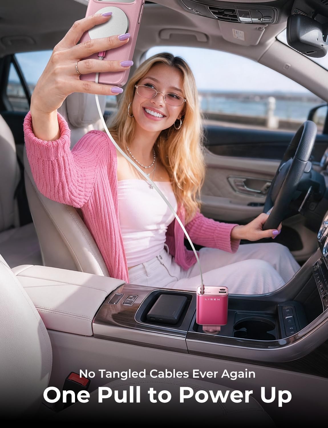 LISEN Cargador de coche retráctil, cargador de teléfono de coche de...