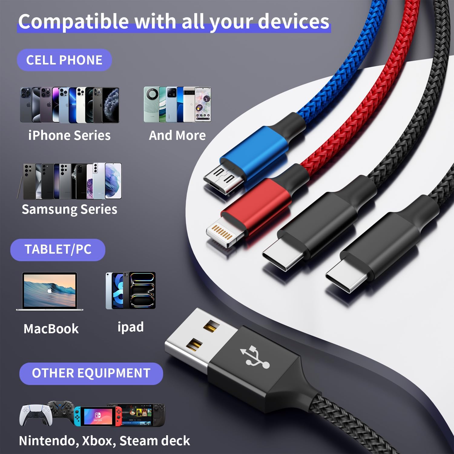 Cable de carga múltiple Dual Type-C 4 en 1 para múltiples dispositi...