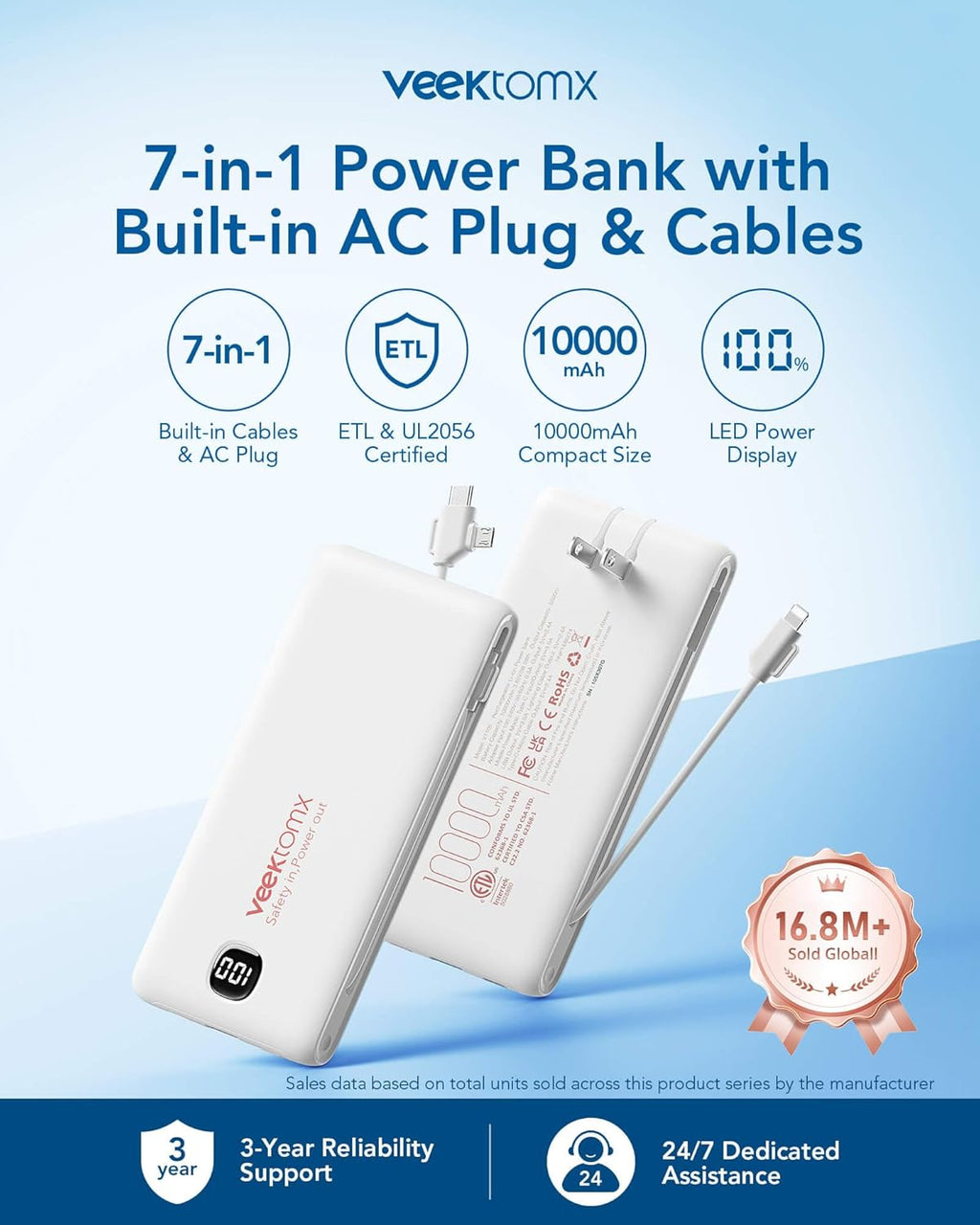 VEEKTOMX Cargador portátil con cables integrados de 10000 mAh, banc...