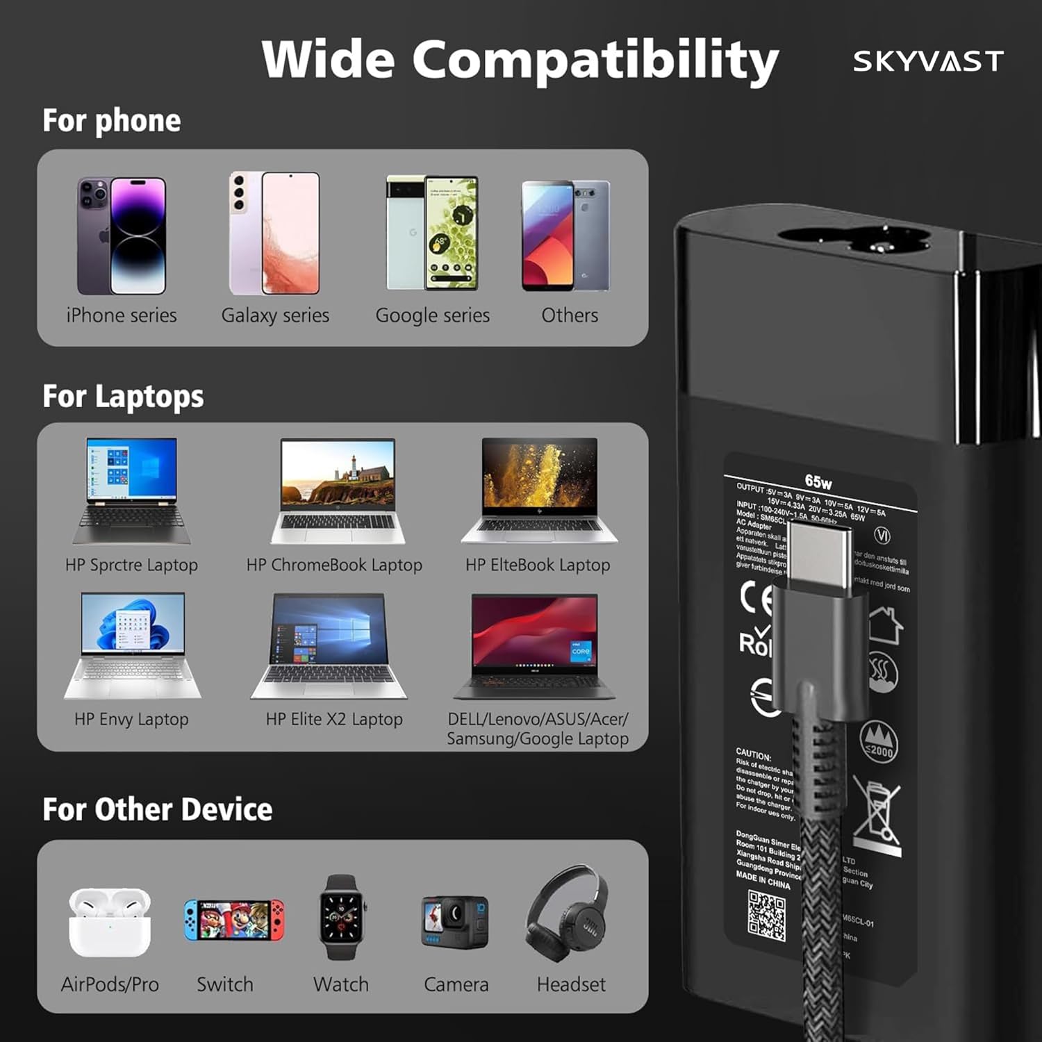 Skyvast Cargador delgado de 65 W para laptop USB-C compatible con H...