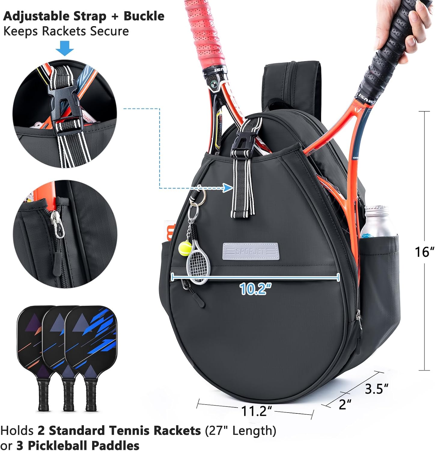 SPORJET Mochila de Tenis con Soporte para 2 Raquetas, Bolsa de Raqu...