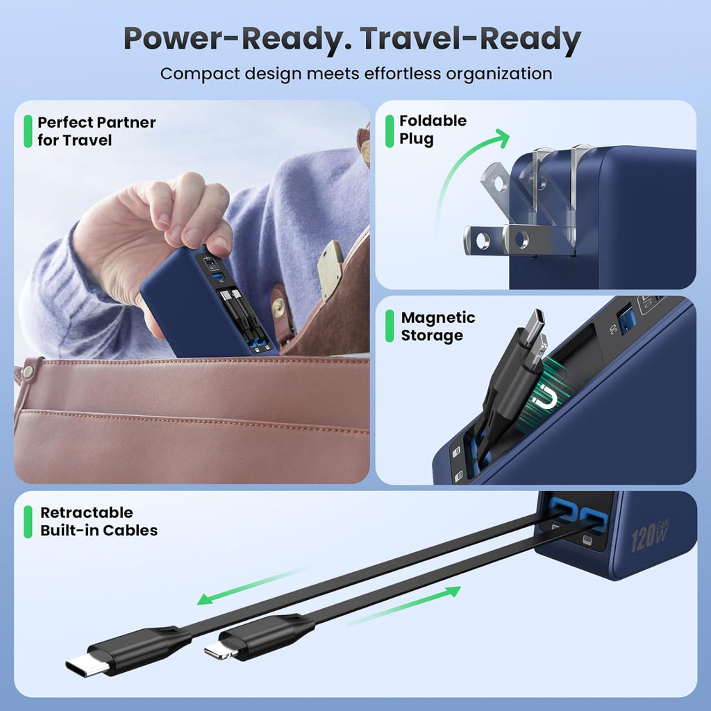 Bloque de Cargador USB C de 120W con 2 Cables Retráctiles Integrado...