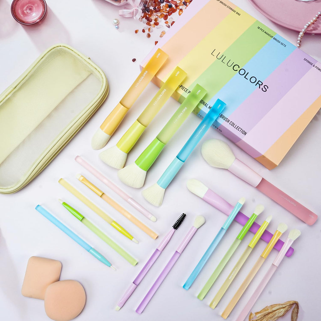 LULUCOLORS Juego de 18 pinceles de maquillaje para principiantes -...