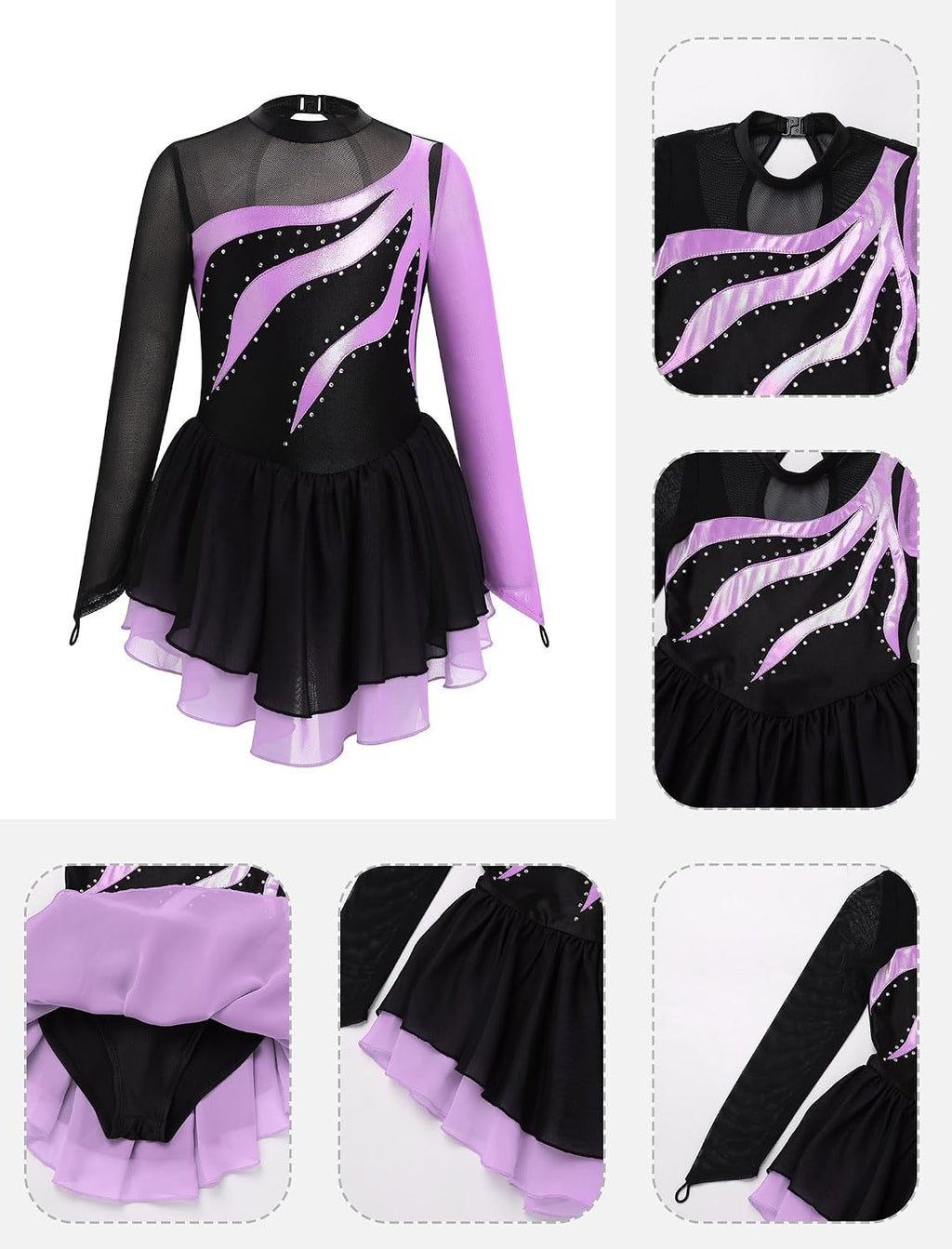Vestido de patinaje artístico para niña, con cuello alto falso metá...
